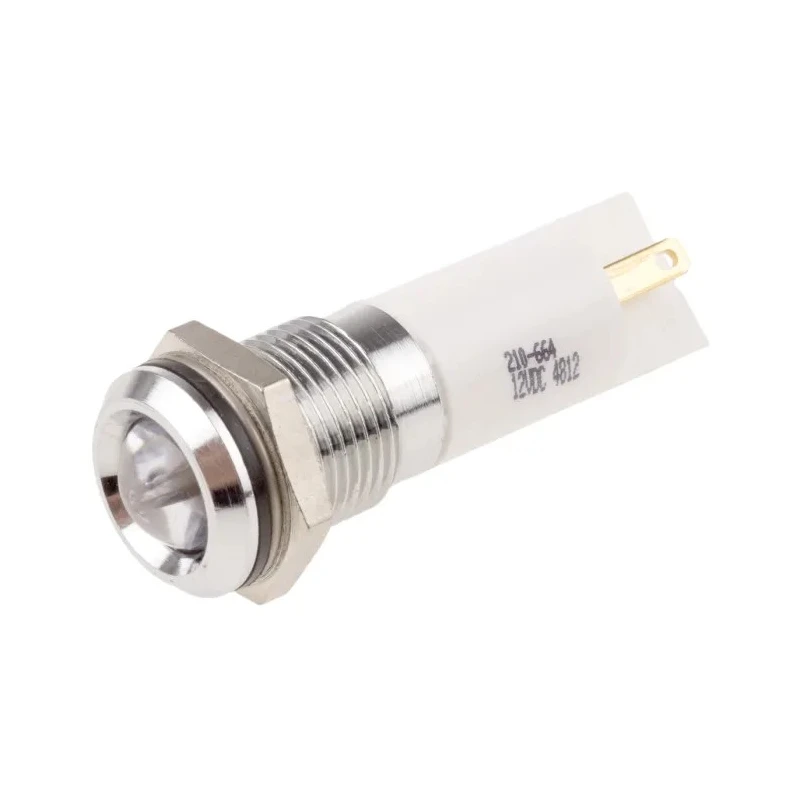 RS PRO White Panel Mount LED Indicator 12V, IP67, Prominent Bezel, 47mm Length, Chrome/Silver IP67
