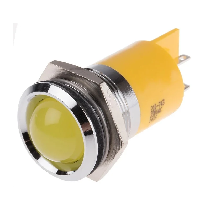 RS PRO Yellow Panel Mount LED Indicator, 230V AC, 3mA, Prominent Bezel, 22mm, Model 210-743