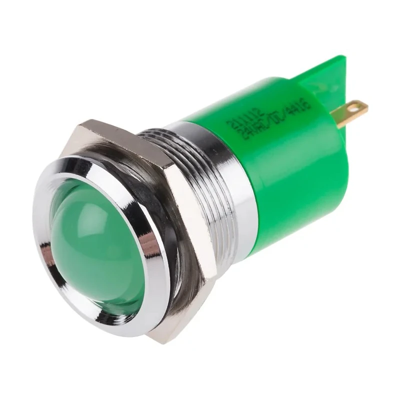 RS PRO Panel Mount Indicator Green 24V AC 20mA Solder Tab Prominent Chrome Bezel 211-112