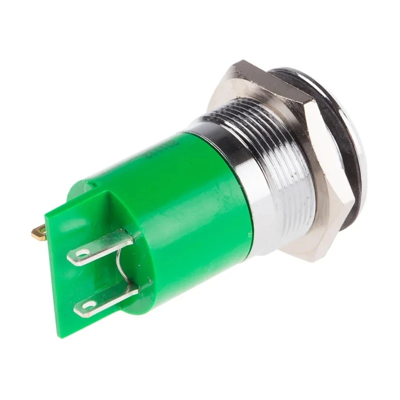 RS PRO Panel Mount Indicator Green 24V AC 20mA Solder Tab Prominent Chrome Bezel 211-112