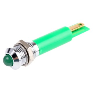 RS PRO Green Panel Mount Indicator 12V DC 20mA Solder Tab Prominent Bezel 33.9mm 8mm Mount Hole 211-257