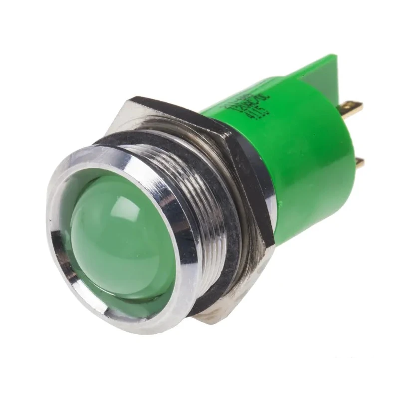 RS PRO Green Panel Mount Indicator 12V Solder Tab Prominent Bezel 51.5mm Chrome IP67 211-689