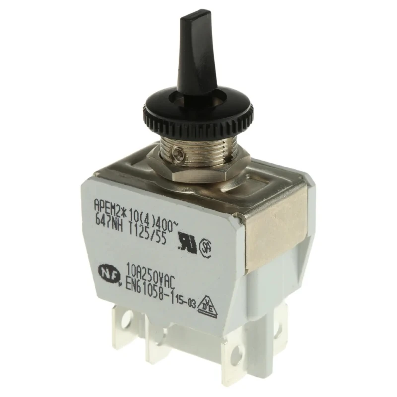 APEM Toggle Switch DPDT On-Off-On, Panel Mount, Tab Terminal, 24 V DC, 250 V AC 647NH/2