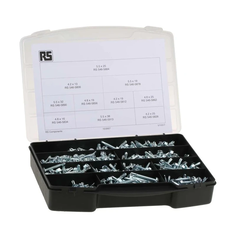 RS PRO Steel Hex Drive Self-Drilling Screw/Bolt Kit, 680 Pcs, Galvanised, Hex Head, DIN 7504K, 13–38mm, 395-412