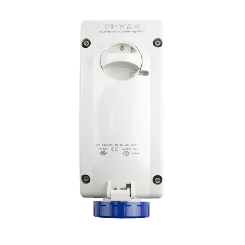 Scame Industrial Interlock Socket Switchable IP67, 2+E, Earthing Position 6h Straight, 16A, 250V, Blue, Polymer Body, 