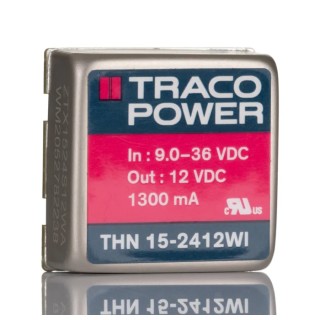 TRACOPOWER DC/DC Converter Through Hole 15W 12V DC Output 1.3A, 4:1 Input Ratio, Adjustable 10.8–13.2V, 9–36V THN 15-2412WI