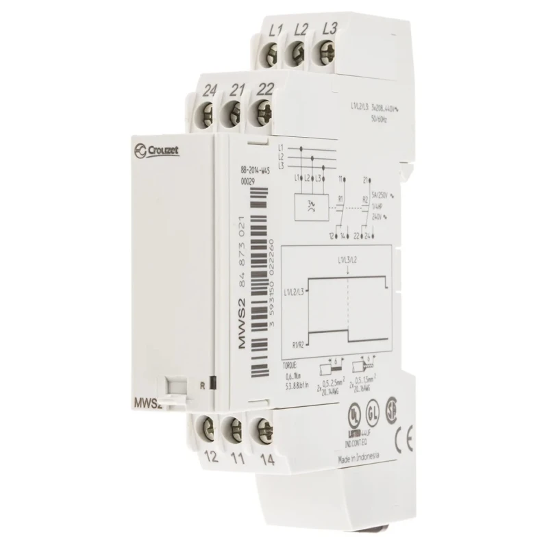 Crouzet 3 Phase Monitoring Relay 183–484 VAC/VDC, DPDT, DIN Rail, 5A, Terminal Block, IP30/IP20, 250V ac/dc, Model 84873021