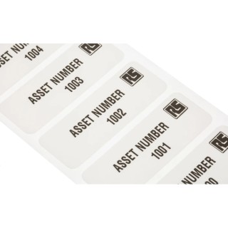 RS PRO Pre-Printed Adhesive Asset Labels, 2999 Pcs, 58 x 22 mm, Black on White, Adhesive, 494-540