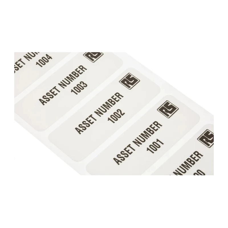 RS PRO Pre-Printed Adhesive Asset Labels, 2999 Pcs, 58 x 22 mm, Black on White, Adhesive, 494-540