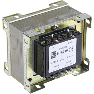RS PRO Chassis Mount Transformer 2 Outputs 200 VA 12 V AC 230 V AC 504-016