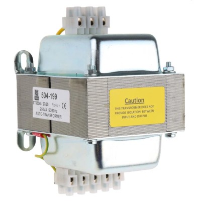 RS PRO Enclosed Auto-Transformer 250 VA, 240 V AC Primary, 115 V AC Secondary, Wall Mount, Terminal Block 504-199