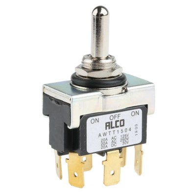 TE Connectivity Toggle Switch Panel Mount On-Off-On DPDT Tab Terminal 30 V DC IP67 Brass Actuator AWTT1504