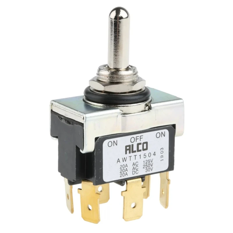 TE Connectivity Toggle Switch Panel Mount On-Off-On DPDT Tab Terminal 30 V DC IP67 Brass Actuator AWTT1504
