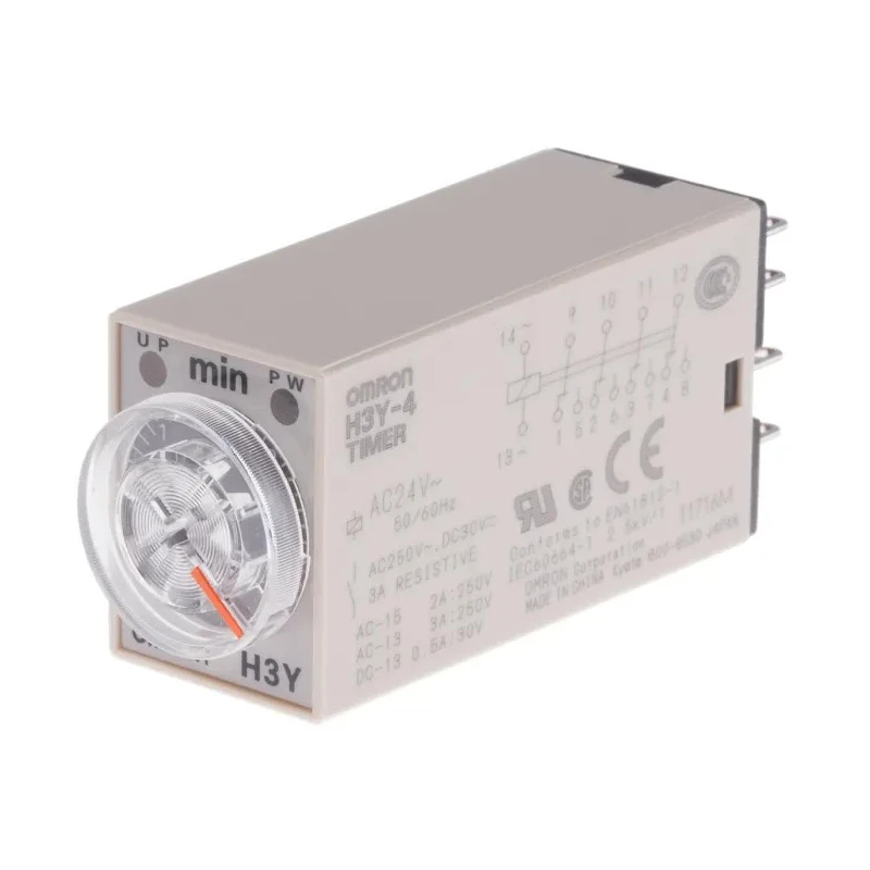 Omron DIN Rail Timer Relay 4-Contact 24V AC, 125V DC, 0.1–3 min ON Delay, 4PDT H3Y-4 AC24 3M