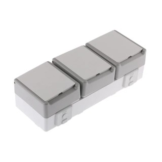 Siemens 16A 250V Grey 3 Gang Plug Socket DELTA Outdoor Type F IP44 Screwless Surface Mount 70x70x45mm 5UB4731