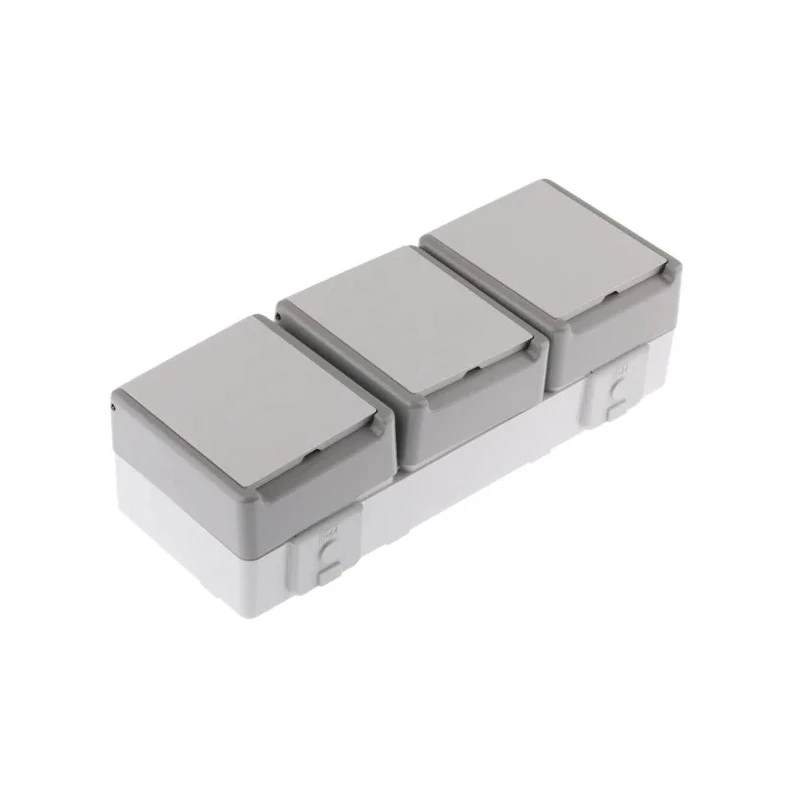 Siemens 16A 250V Grey 3 Gang Plug Socket DELTA Outdoor Type F IP44 Screwless Surface Mount 70x70x45mm 5UB4731