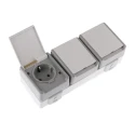Siemens 16A 250V Grey 3 Gang Plug Socket DELTA Outdoor Type F IP44 Screwless Surface Mount 70x70x45mm 5UB4731