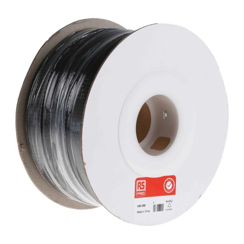 RS PRO Expandable Braided Polyethylene Terephthalate Cable Sleeve, Black, 30m Length, 31.7mm Max Diameter, 408-299