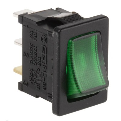 RS PRO Illuminated Green Rocker Switch Panel SPST, On-Off, Nylon Housing, 10A, 250V AC, Quick Connect, IP66 419-788