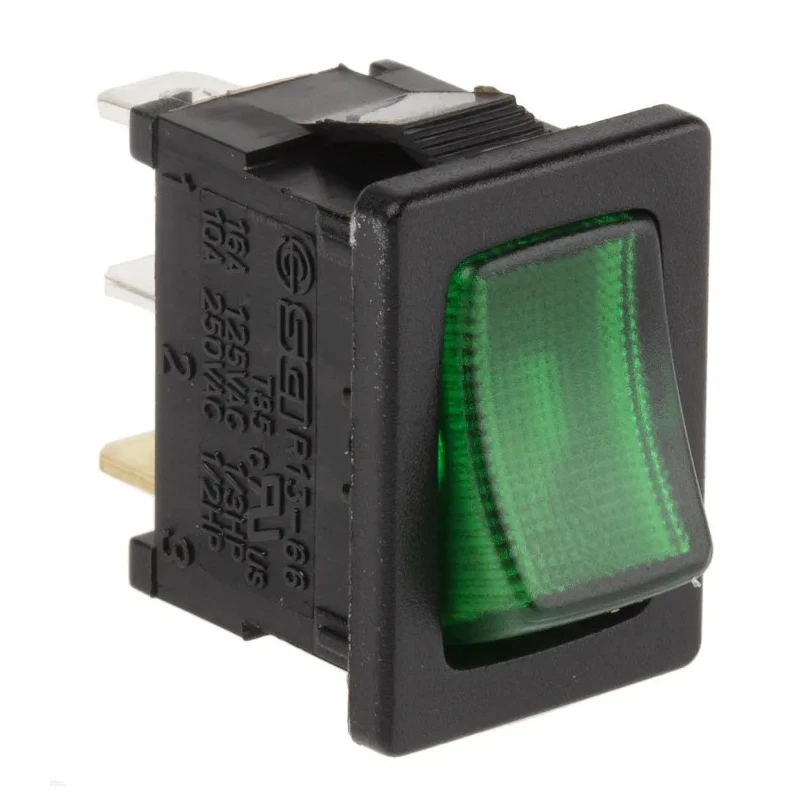 RS PRO Illuminated Green Rocker Switch Panel SPST, On-Off, Nylon Housing, 10A, 250V AC, Quick Connect, IP66 419-788