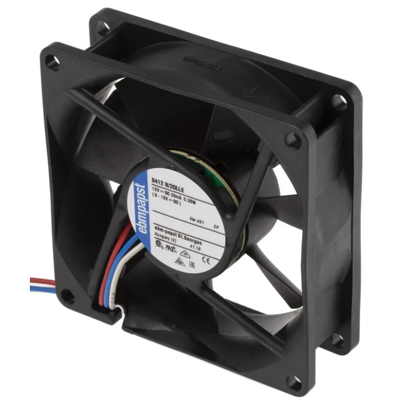 ebm-papst 8400 N Series DC Axial Fan 12V DC 20 m³/h 350 mW IP68 80mm x 80mm x 25mm Sleeve Bearing Backward Curve 