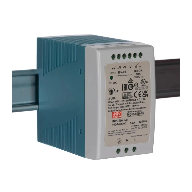 MEAN WELL Switched Mode DIN Rail Power Supply 100 W, 264V AC Input, 56V DC Output, 2A, MDR-100-48