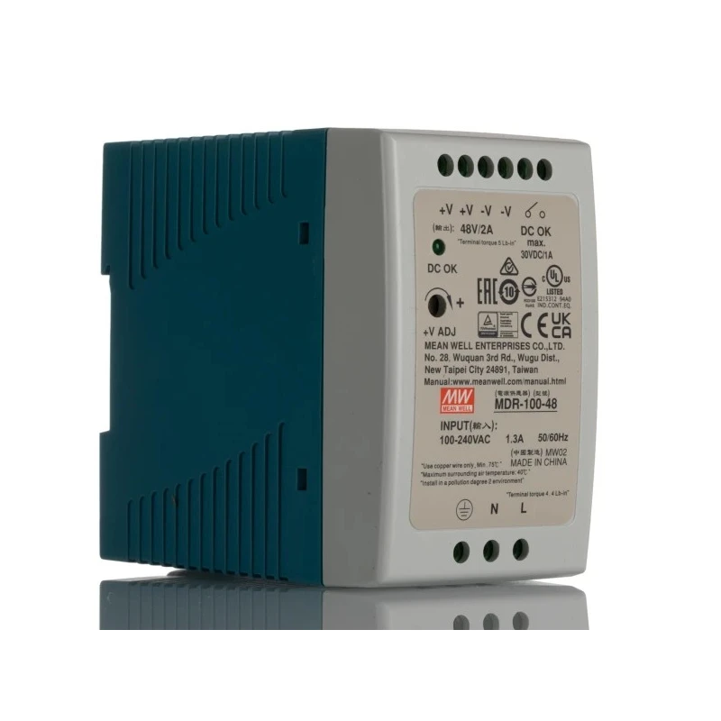 MEAN WELL Switched Mode DIN Rail Power Supply 100 W, 264V AC Input, 56V DC Output, 2A, MDR-100-48