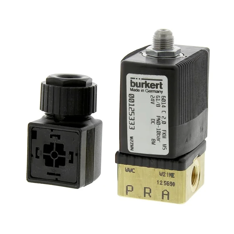 Burkert 3-Port Solenoid Valve, NC, Brass Body, 24V DC, 10 bar, 3.18 mm Port, 6014 Series 125333