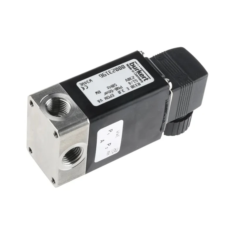Burkert Solenoid Valve 3 Port NO/NC, Stainless Steel, 230V AC, 1/4 in, Model 021396