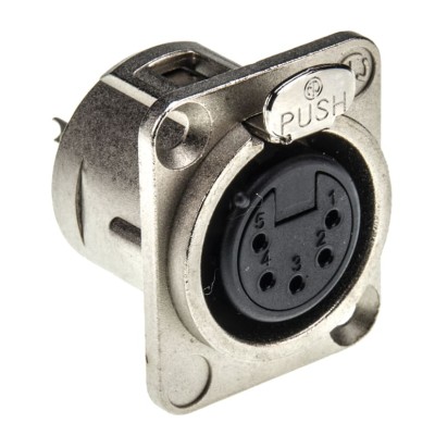Neutrik Female Panel XLR Connector, 5 Contacts, 50V, 7.5A, Gold over Nickel Plated, Solder, Straight, NC5FD-L-1