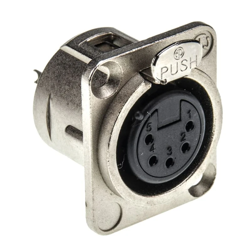 Neutrik Female Panel XLR Connector, 5 Contacts, 50V, 7.5A, Gold over Nickel Plated, Solder, Straight, NC5FD-L-1