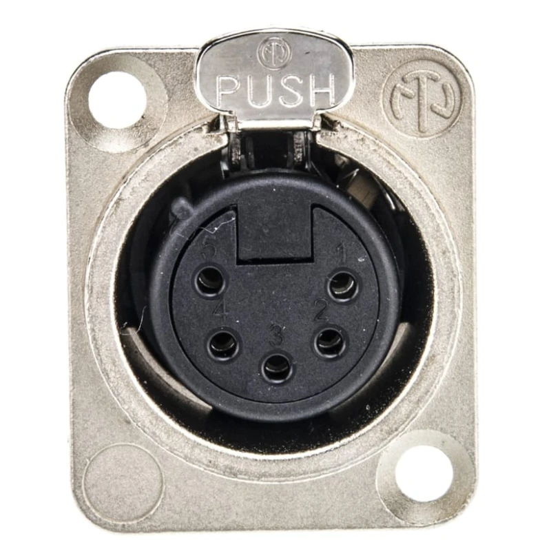 Neutrik Female Panel XLR Connector, 5 Contacts, 50V, 7.5A, Gold over Nickel Plated, Solder, Straight, NC5FD-L-1