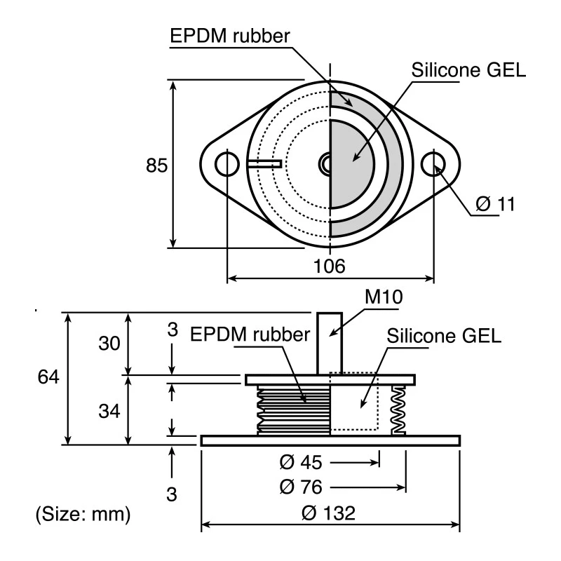Taica Cylindrical Anti-Vibration Mount, Compression, M10 Thread, 10mm Bore, 76mm OD, 64mm Height Silicone SF-50