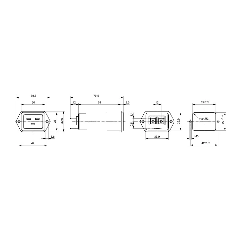 Schurter Panel Mount IEC Connector, 250V AC, 16A, C20 Line Filter, Quick Connect 5130.0000