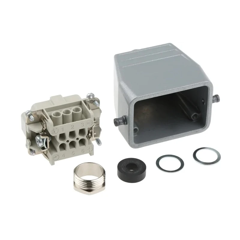 EPIC Heavy Duty Power Connector Kit, 6 Way, 16A, H-BE Series, Top Entry Hood, Plug Insert, Cable 10011000+10190000+12954300