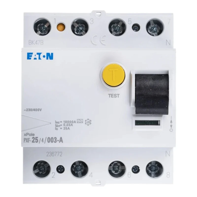 Eaton Residual Current Circuit Breaker 25A 3+N Pole 30mA Type A 500A 400V AC PXF-A Series 236772 PXF-25/4/003-A