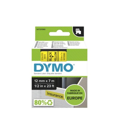 Dymo Black on Yellow Label Printer Tape, 12 mm Width, 7 m Length, Laminated, Permanent Adhesive S0720580