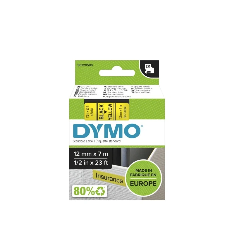Dymo Black on Yellow Label Printer Tape, 12 mm Width, 7 m Length, Laminated, Permanent Adhesive S0720580