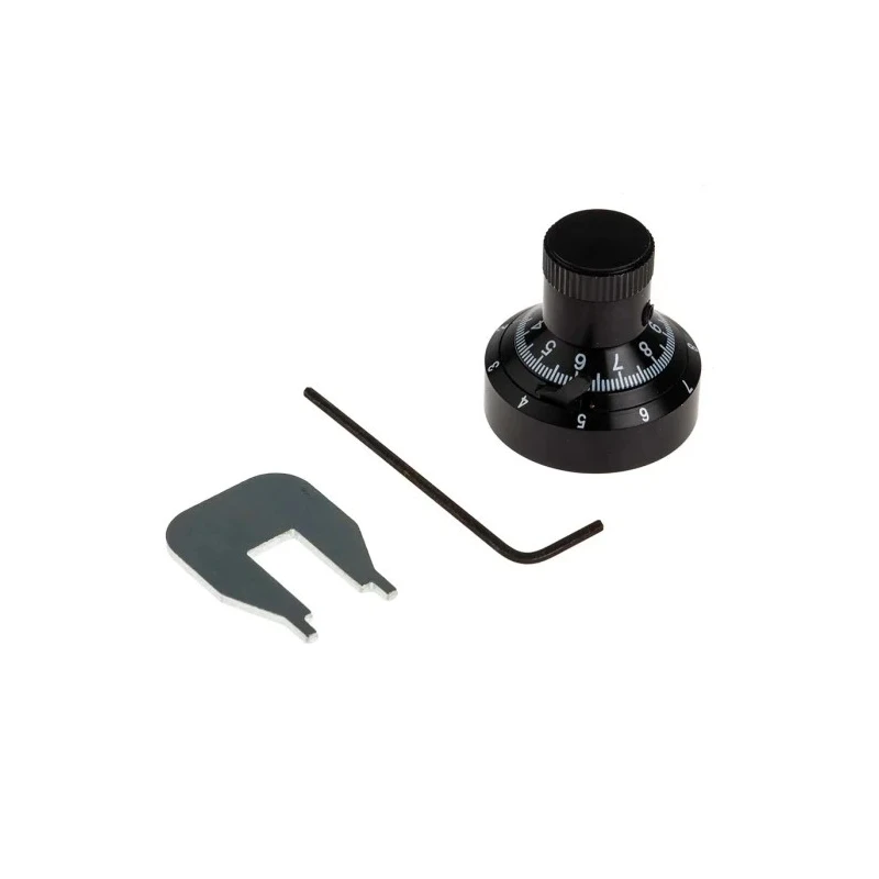 Vishay Potentiometer Knob, 7.2 mm Diameter, Black, Aluminium, Circular Dial, For 6.35 mm Shaft, 20.3 mm Height 502-174