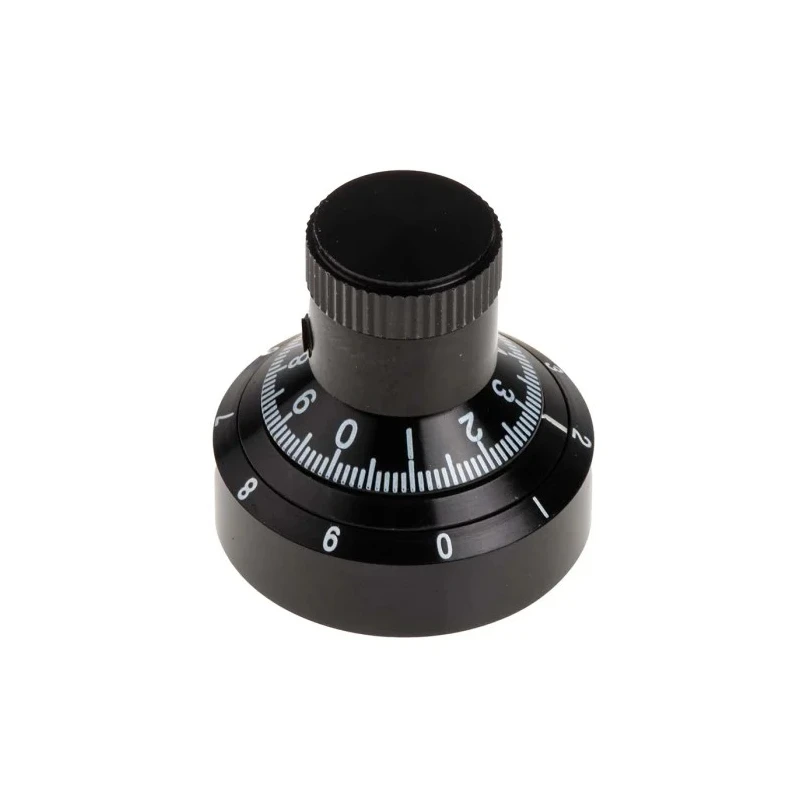 Vishay Potentiometer Knob, 7.2 mm Diameter, Black, Aluminium, Circular Dial, For 6.35 mm Shaft, 20.3 mm Height 502-174