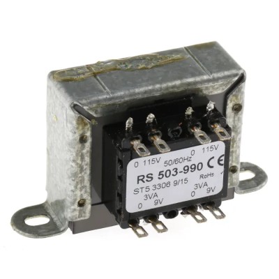 RS PRO 2 Output 6 VA Chassis Mount Transformer 9 V AC 2x115 V AC Primary Double Section Bobbin 503-990