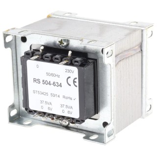 RS PRO 2 Output 200 VA Chassis Mount Transformer, 6 V AC, 230 V AC Primary, 504-634