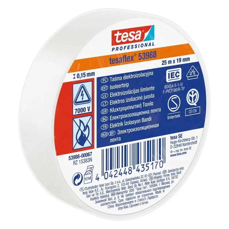 Tesa White Polyvinyl Chloride Electrical Tape, 19mm x 25m, 7000V Breakdown Voltage 53988-00062-01