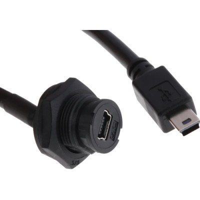 RS PRO Mini USB Type B Male to Female USB Cable 200 mm IP67 Rated Black 100V 111-6755