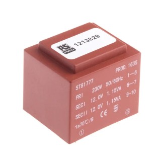 RS PRO 2 x 12 V AC 2 Output PCB Transformer, 230 V AC Primary, 2.3 VA, Independent Secondary, IEC/BS/EN 61558-1, 121-3829