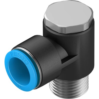 Festo Polybutylene Pneumatic Fitting, Male, Push-In, Nickel-Plated Brass, R 1/2 in, 90° Elbow, QSLV-1/2-16