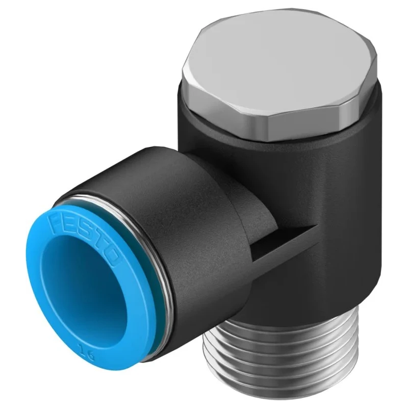 Festo Polybutylene Pneumatic Fitting, Male, Push-In, Nickel-Plated Brass, R 1/2 in, 90° Elbow, QSLV-1/2-16