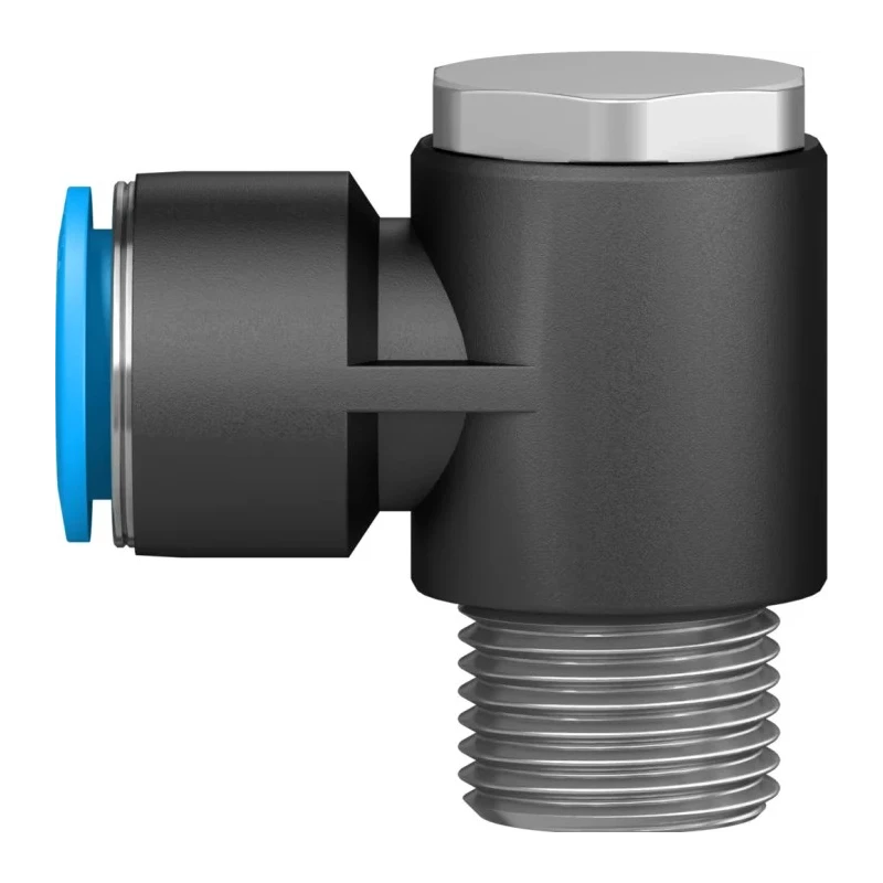 Festo Polybutylene Pneumatic Fitting, Male, Push-In, Nickel-Plated Brass, R 1/2 in, 90° Elbow, QSLV-1/2-16