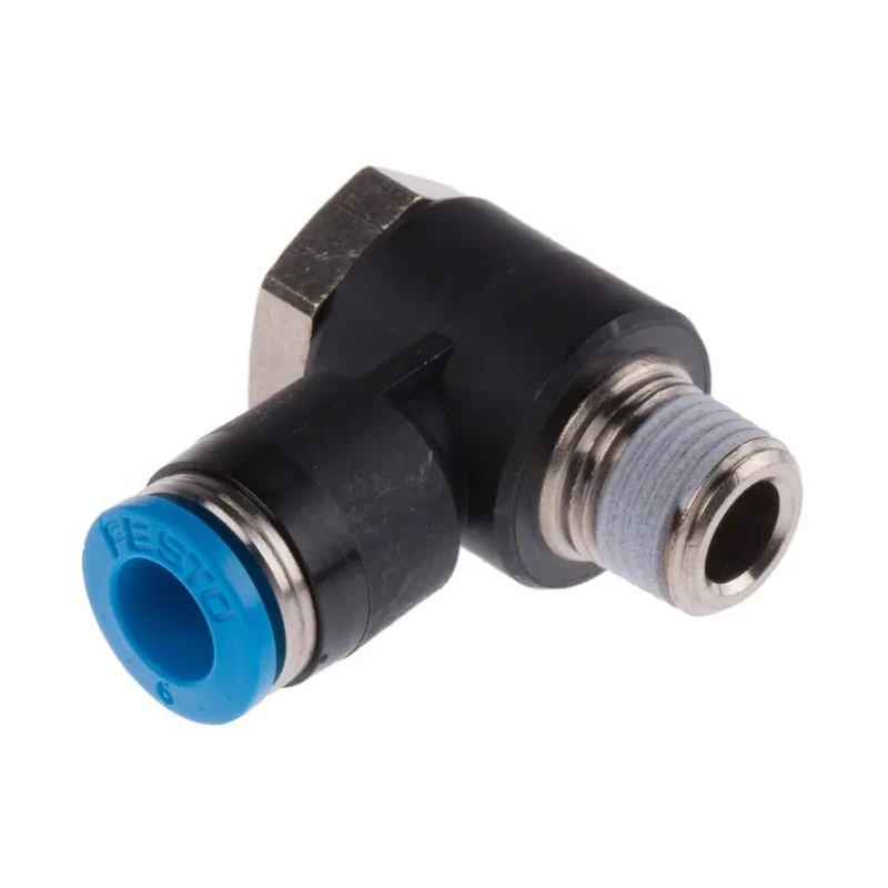 Festo Polybutylene Terephthalate Pneumatic Elbow Fitting, Male, Push-in, R 1/8 in, 6mm, 90°, QSLV-1/8-6