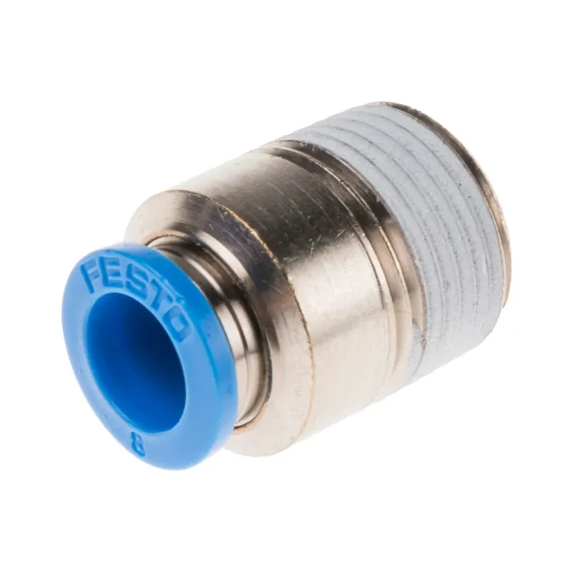 Festo Pneumatic Fitting Push-in 8mm, Male, R Thread, Brass, Nickel Finish QS-3/8-8-I